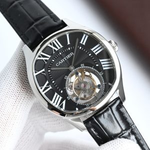 Alternative view of For those with refined tastes who wish to mark every moment and embrace the world with equanimity, the Cartier DRIVE DE CARTIER Tourbillon watch is your ultimate choice!This timepiece houses one of the most exquisite high complications: the floating tourbillon. This visually captivating mechanism, meticulously crafted by master artisans in Cartier's watchmaking workshops, showcases exceptional and innovative craftsmanship in every detail.The floating tourbillon in this timepiece is not only complex and intricate but also exquisitely refined, with each of its 142 components meticulously finished by master artisans. Like every movement in Cartier's haute horlogerie, every part of this manual-winding mechanical movement is carefully adorned: bridges are chamfered and polished, sides are satin-finished, and screw heads are polished.Master craftsmen adhere strictly to movement finishing specifications, meeting the exacting standards of the Poinçon de Genève (Geneva Seal) to honor the watchmaking heritage of Cartier's workshop at 35 rue du Rhône in Geneva.